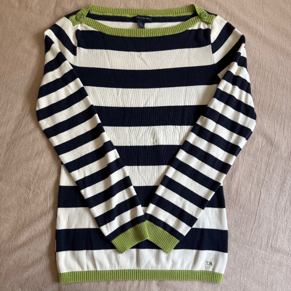 Tommy Hilfiger Nautical Striped Lime Green Trim Sweater Size M‎
